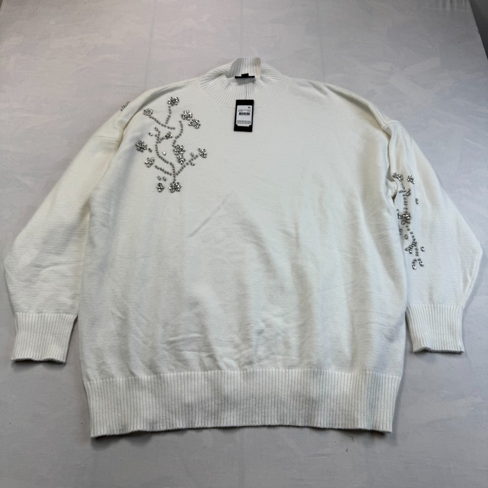 City Chic Sweater Womens Medium White Embellished Rhinestone Mock Neck Pullover